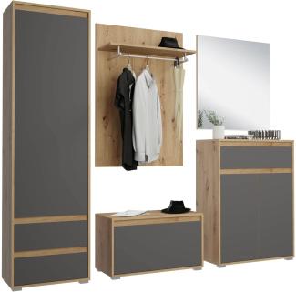 mokebo® Garderoben Set 5-teilig mit Spiegel und Sitzbank 'Die Verstauer', großes Komplettset in Eiche-Grau für den Flur, Garderoben Set, Garderobenmöbel