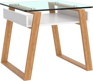 bonVIVO Beistelltisch weiß mit Glas Holz Materialmix - Couchtisch, Sideboard, Wohnzimmertisch - Modern Minimalistisch - Stilvoller Glastisch für Wohnzimmer, Schlafzimmer, Diele