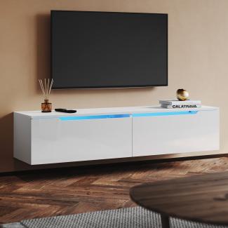 SUNXURY TV Board weiß Lowboard Hängend Hochglanz Fernsehtisch 140 x 35 x 30 cm
