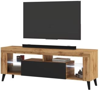 Selsey HugoB – TV-Lowboard, modernes TV-Sideboard mit Füßen und Glaseinlegeböden, 140 cm (Lancaster Eiche Matt / Schwarz Glanz, mit LED)