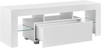 [en. casa] TV Lowboard mit Schublade, Glasablage, LED-Fernsehtisch Weiß, 130 x 35 x 45 cm