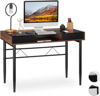 Relaxdays Schreibtisch Glas, Kabeldurchführung, Bürotisch mit Schubladen, PC Glastisch, HBT 78 x 110 x 55 cm, Holzoptik