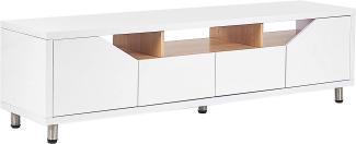TV-Möbel Weiß MDF Platte 160 x 40 cm Hochglanz Holzoptik Niedrig mit Stauraum 2 Schubladen 2 Türen 3 Regalen Modern Minimalistisch Wohnzimmer