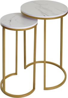 2er-Set Beistelltisch HWC-K46, Kaffeetisch Nachttisch Loungetisch, Marmor-Optik FSC-zertifiziert MDF ~ weiß-gold