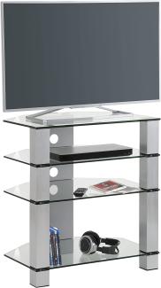 TV-Rack "1654" aus Metall / ESG-Sicherheitsglas in Metall Alu - Klarglas mit 4 Einlegeböden. Abmessungen (BxHxT) 70x77x50 cm