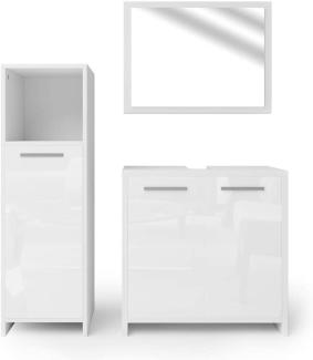 Vicco 3-tlg. Badmöbel-Set 'Kiko' Weiß / Weiß Hochglanz, Weiß Hochglanz, mit Spiegel, Unterschrank, Midischrank