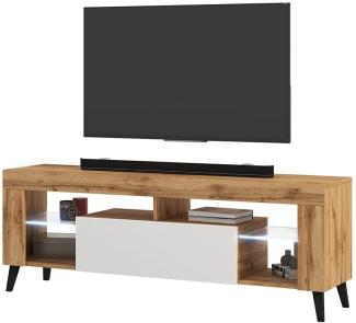 Selsey HugoB – TV-Lowboard, modernes TV-Sideboard mit Füßen und Glaseinlegeböden, 140 cm (Lancaster Eiche Matt / Weiß Glanz, mit LED)