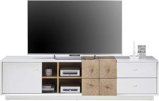 Robas Lund Lowboard weiß matt, Wohnzimmerschrank TV Möbel mit Absetzung Eiche Hirnholzoptik, BxHxT 180x46x40 cm