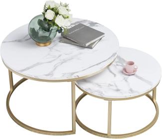 Marmor Couchtisch Gold, Couchtisch 2er Set mit 1 Großer Couchtisch Rund und 1 Kleiner Tisch, Beistelltisch Weiss aus Metallgestell Wohnzimmertisch Modern