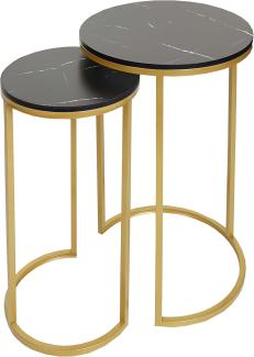 2er-Set Beistelltisch HWC-K46, Kaffeetisch Nachttisch Loungetisch, Marmor-Optik FSC-zertifiziert MDF ~ schwarz-gold