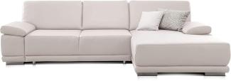 CAVADORE Ecksofa Corianne in Lederoptik / Couch inkl. Armteilverstellung und Longchair in modernem Design / 282 x 80 x 162 / Kunstleder, weiß