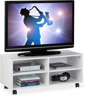 Relaxdays TV Board mit 4 Fächern, mit Rollen, für CDs, DVDs & Konsole, Phonotisch für Wohnzimmer, HBT 35x80x35 cm, weiß