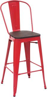 Barhocker HWC-A73 inkl. Holz-Sitzfläche, Barstuhl Tresenhocker mit Lehne, Metall Industriedesign ~ rot