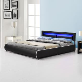 Juskys Polsterbett Murcia 180 x 200 cm – Bett mit LED, Lattenrost, Kopfteil & Kunstleder – Bettgestell gepolstert, gemütlich & modern - schwarz
