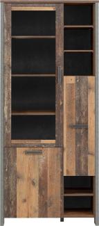 FORTE Clif Vitrine mit 1 Tür unf 1 Glastür, Holzwerkstoff, Old – Wood Vintage/ Betonoptik Dunkelgrau, 91,7 x 204,9 x 41,6 cm