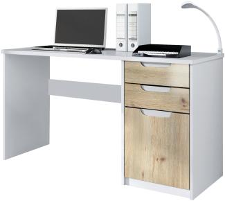 Vladon Schreibtisch Logan, Bürotisch mit 2 Schubladen und 1 Tür, Weiß matt/Eiche Nordic (129 x 76 x 60 cm)
