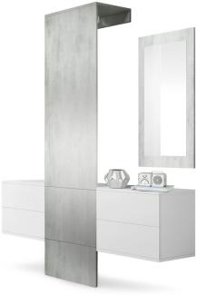 Garderobe Wandgarderobe Carlton Set 3, Korpus in Weiß matt / Paneel und Spiegel in Beton Oxid Optik