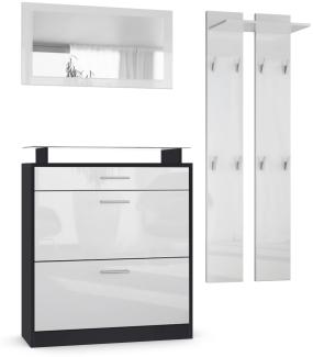 Vladon Garderobe Loret mini, Garderobenset bestehend aus 1 Schuhschrank, 1 Wandspiegel und 2 Garderobenpaneele, Schwarz matt/Weiß Hochglanz