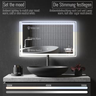 Aquamarin® LED-Badspiegel Beschlagfrei, Dimmbar, Energiesparend & Digitaluhr/Datum, 3000-7000K, 100 x 60 cm,