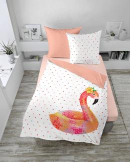 Dormisette Mako Satin Wendebettwäsche 2 teilig Bettbezug 155 x 220 cm Kopfkissenbezug 80 x 80 cm 2442_Fb20 Flamingo Punkte pink weiß
