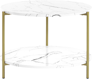 Couchtisch Weiß MDF-Platte Marmor Optik Rund 60 cm mit Goldenem Metallgestell Ablage Modern Glamour Stil Sofatisch für Wohnzimmer Salon Möbel
