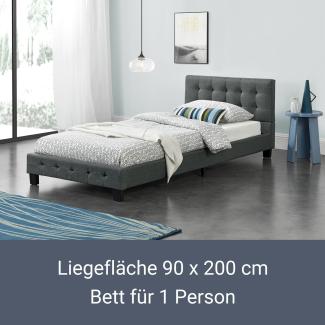 Juskys Polsterbett Manresa 90 x 200 cm - Bett mit Lattenrost und Kopfteil - Zeitloses modernes Design, Grau