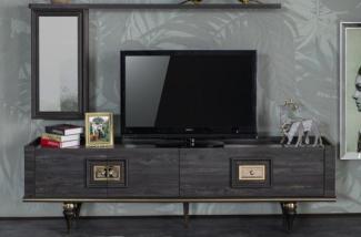 Casa Padrino Luxus Art Deco TV Schrank Grau / Schwarz / Messingfarben 226 x 44 x H. 65 cm - Edler Wohnzimmer Fernsehschrank mit Schublade und 2 Türen - Art Deco Möbel