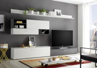 NEW VISION Weiß / Grau Wohnwand Anbauwand Wohnzimmerschrank TV Schrank ca. 300 cm