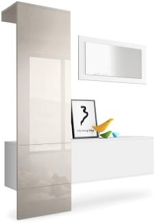 Vladon Garderobe Carlton Set 4, Garderobenset bestehend aus 1 Garderobenpaneel, 1 Schrankmodul und 1 Wandspiegel, Weiß matt/Sandgrau Hochglanz (156 x 193 x 35 cm)