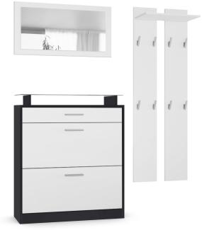 Vladon Garderobe Loret mini, Garderobenset bestehend aus 1 Schuhschrank, 1 Wandspiegel und 2 Garderobenpaneele, Schwarz matt/Weiß matt