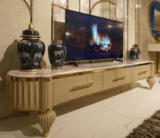 Casa Padrino Luxus Art Deco TV Schrank Weiß / Grau / Gold - Handgefertigtes Massivholz Sideboard mit 3 Schubladen - Luxus Art Deco Wohnzimmer & Hotel Möbel