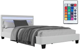 Juskys Polsterbett Verona 120 x 200 cm – Bettgestell mit LED-Beleuchtung, Lattenrost & Kopfteil – Bett aus Holz & Kunstleder – Jugendbett in Weiß