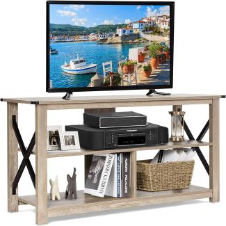 COSTWAY TV-Ständer 120cm, 3-stöckiger Fernsehschrank mit offenen Regalen&Metall X-Rahmen, industrieller KonsolentischFernsehtischfür Wohnzimmer Flur