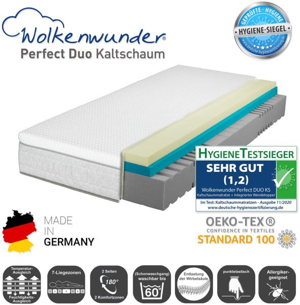 Wolkenwunder Perfect DUO KS Kaltschaummatratze inkl. integriertem Topper H2 | H2 Partnermatratze, 200x200 cm
